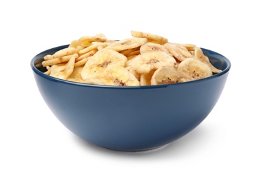 Photo of Bowl with sweet banana slices on white background. Dried fruit as healthy snack