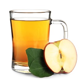 Photo of Glass mug with delicious cider, piece of ripe apple and leaves on white background