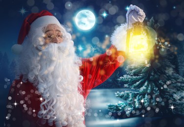 Santa Claus with glowing lantern in winter forest. Christmas magic