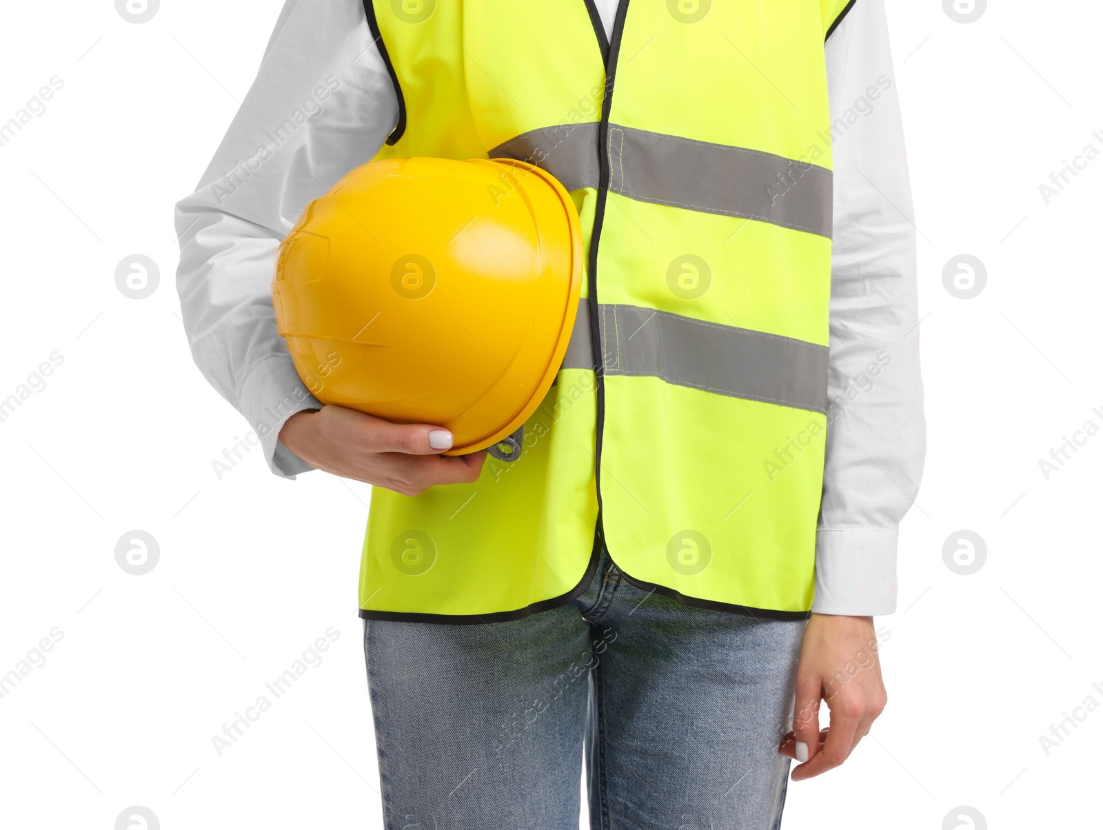 Photo of Engineer with hard hat on white background, closeup