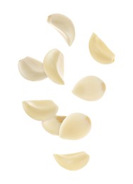 Image of Fresh garlic cloves falling on white background