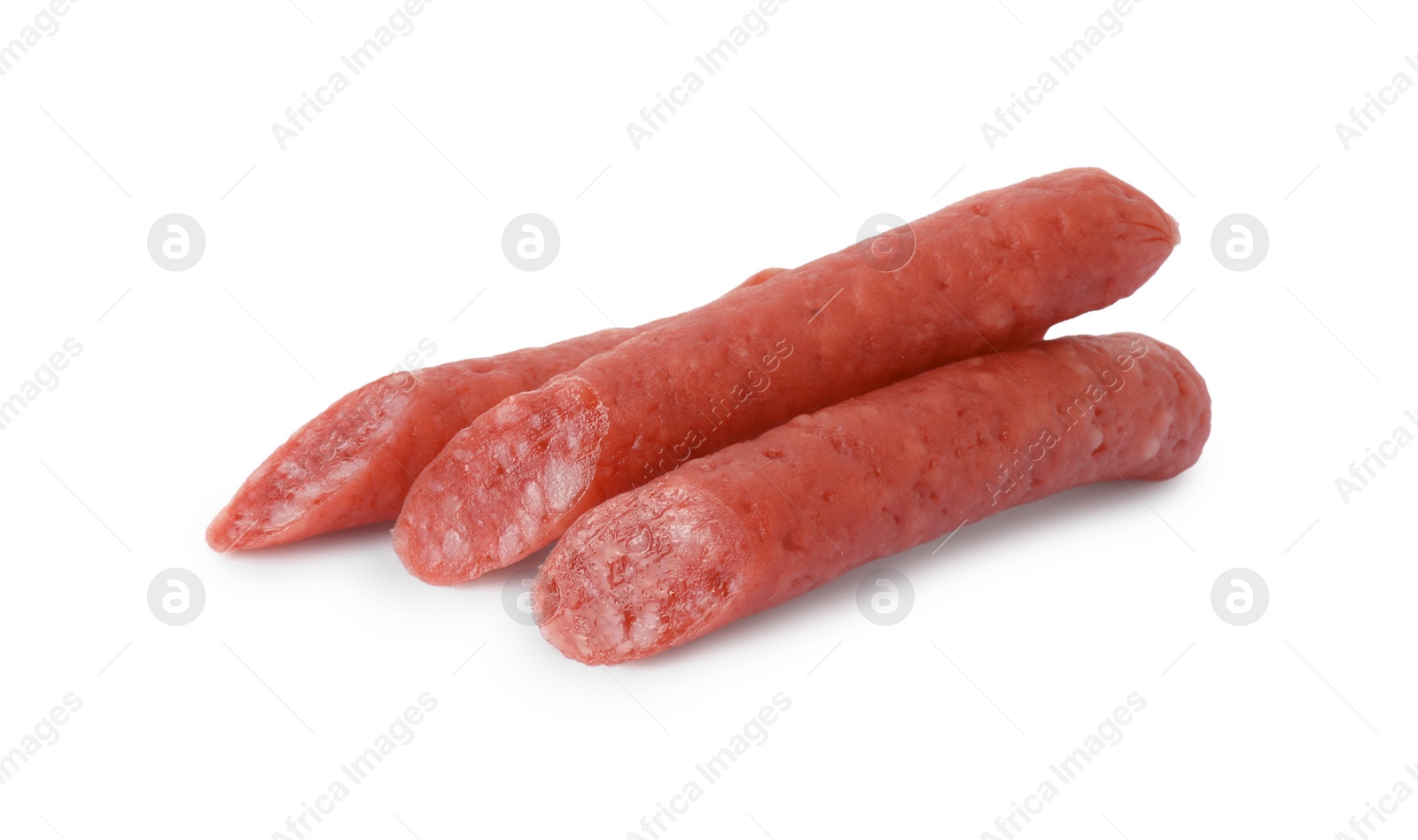 Photo of Thin dry smoked sausages isolated on white