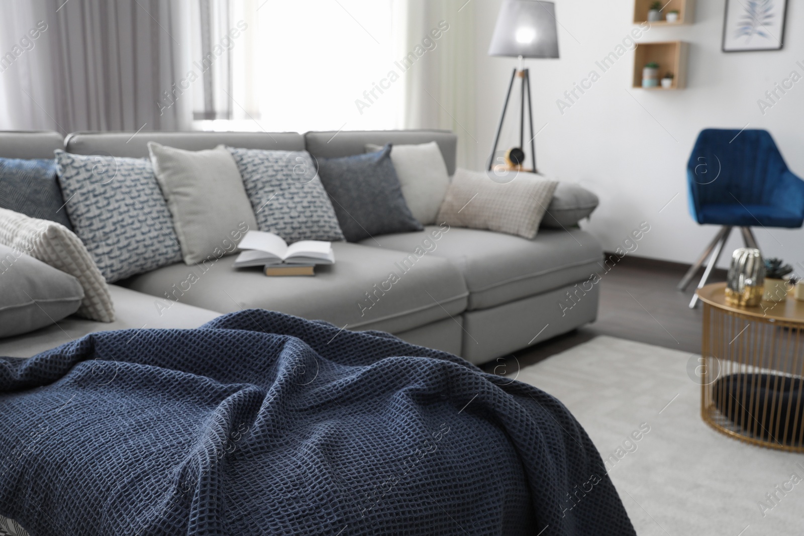 Photo of Elegant living room with comfortable sofa near window. Interior design