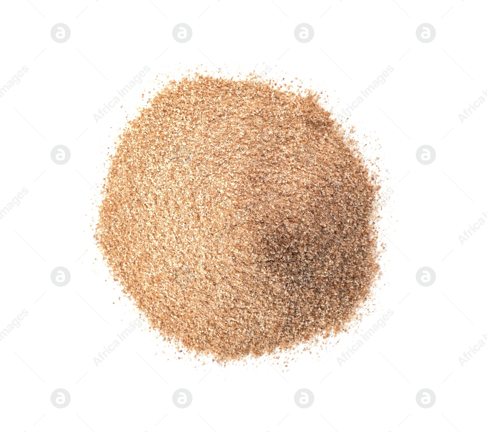 Photo of Pile of buckwheat flour isolated on white, top view