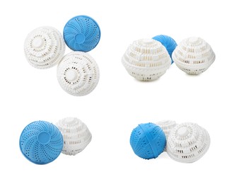 Image of Set with dryer balls for washing machine on white background