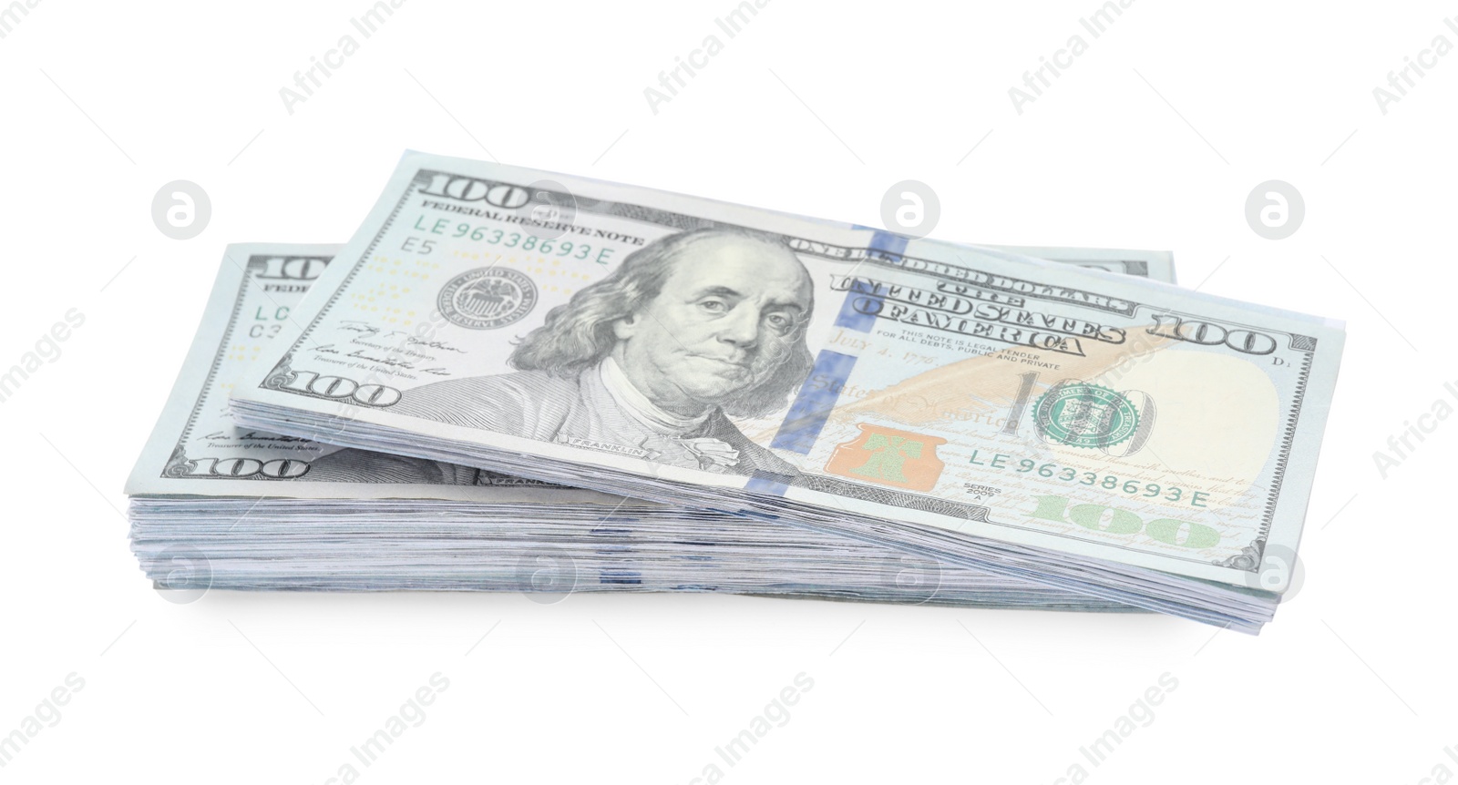Photo of Stack of dollar banknotes on white background. American national currency