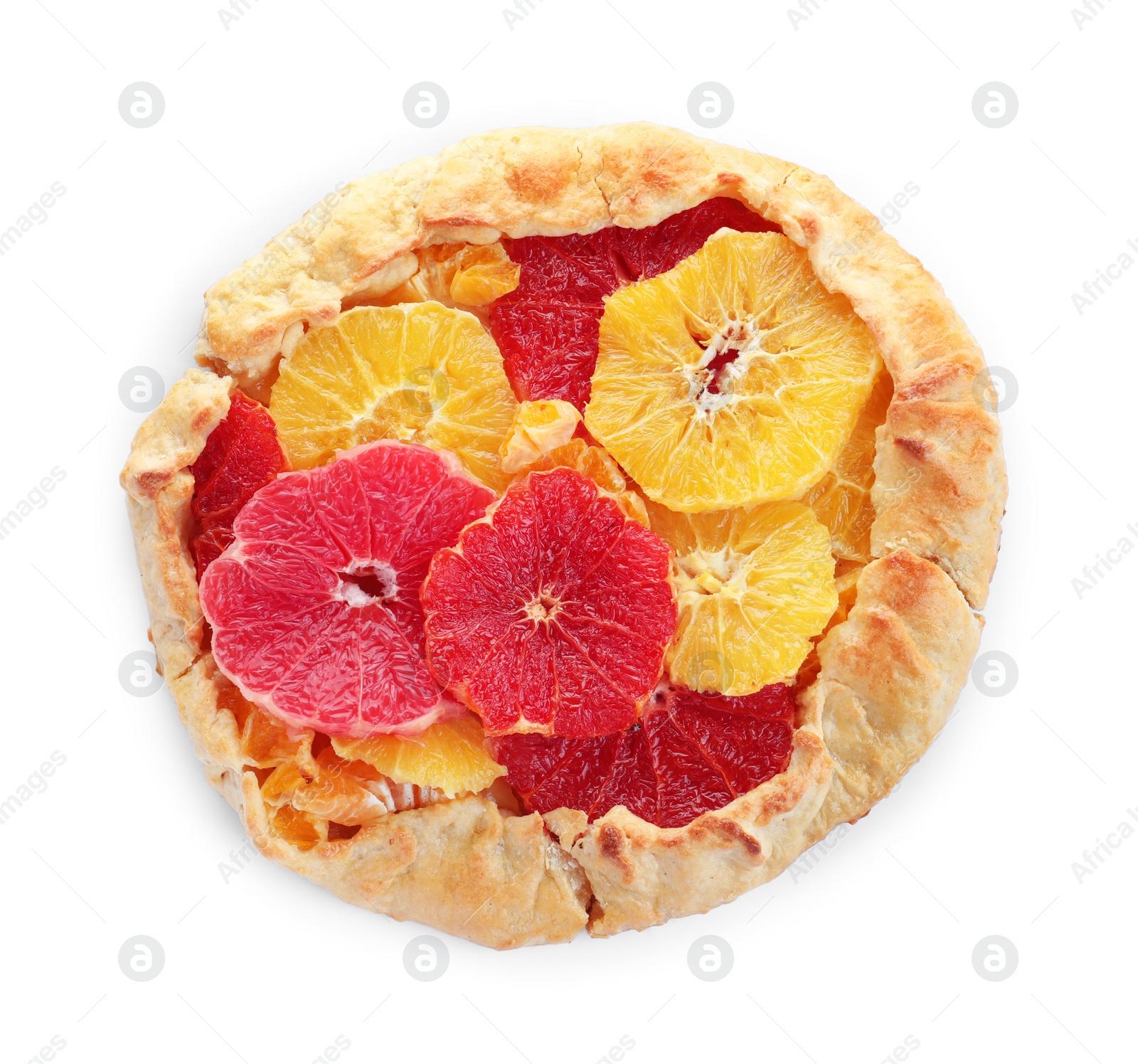 Photo of Delicious galette with citrus fruits isolated on white, top view