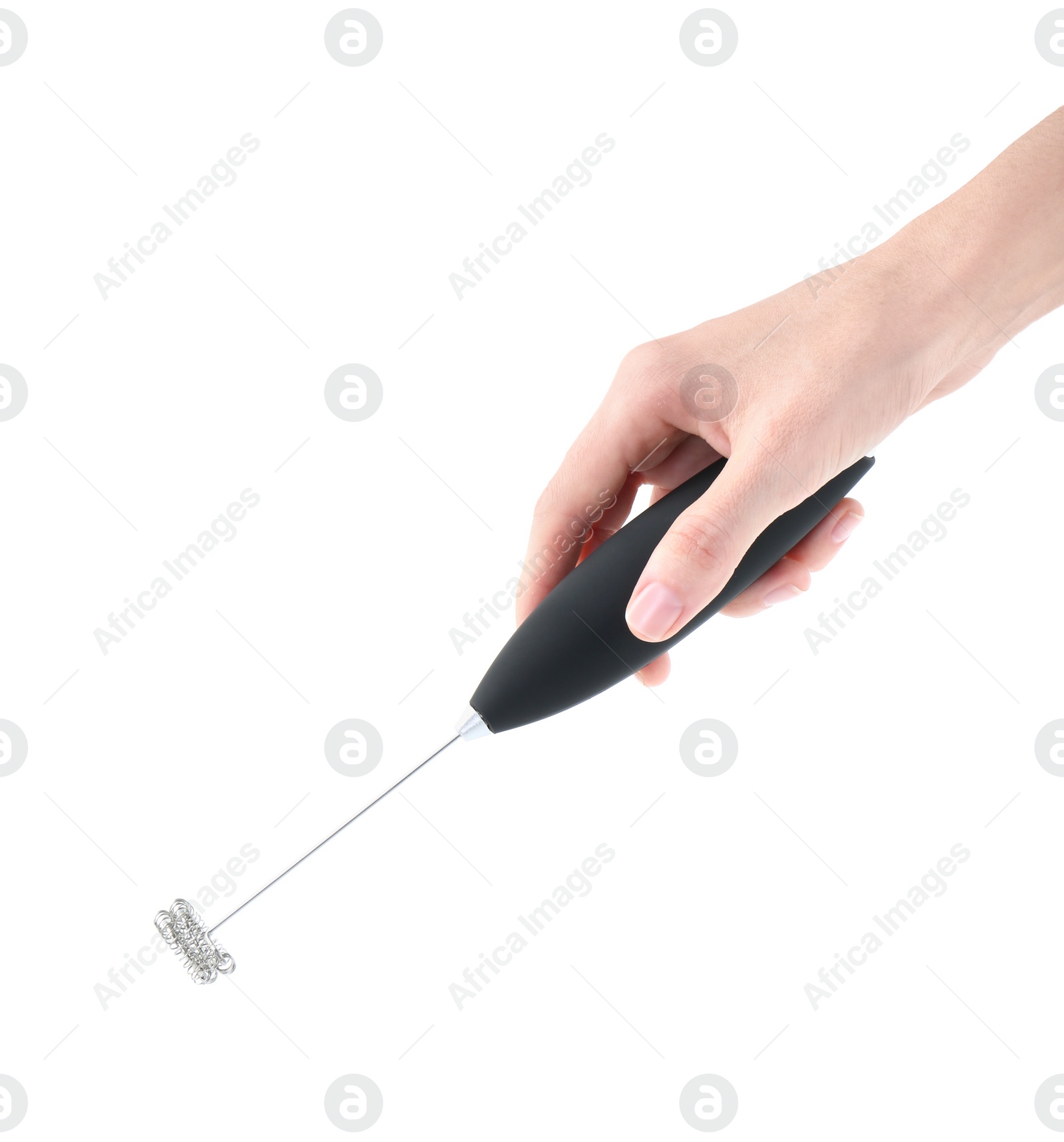 Photo of Woman holding black milk frother wand on white background, closeup