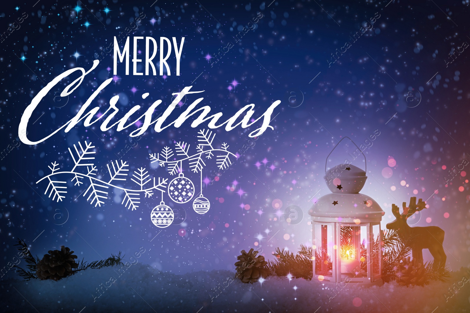 Image of Merry Christmas. Composition with Christmas lantern on snow