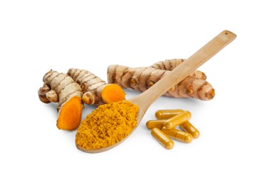 Photo of Aromatic turmeric powder, pills and raw roots isolated on white