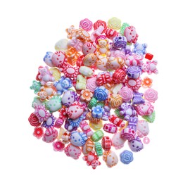 Photo of Pile of cute colorful ceramic beads on white background, top view