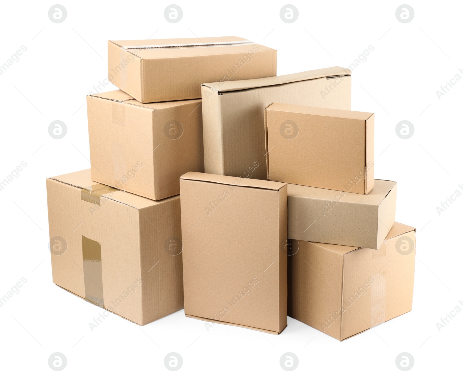 Photo of Pile of cardboard boxes on white background