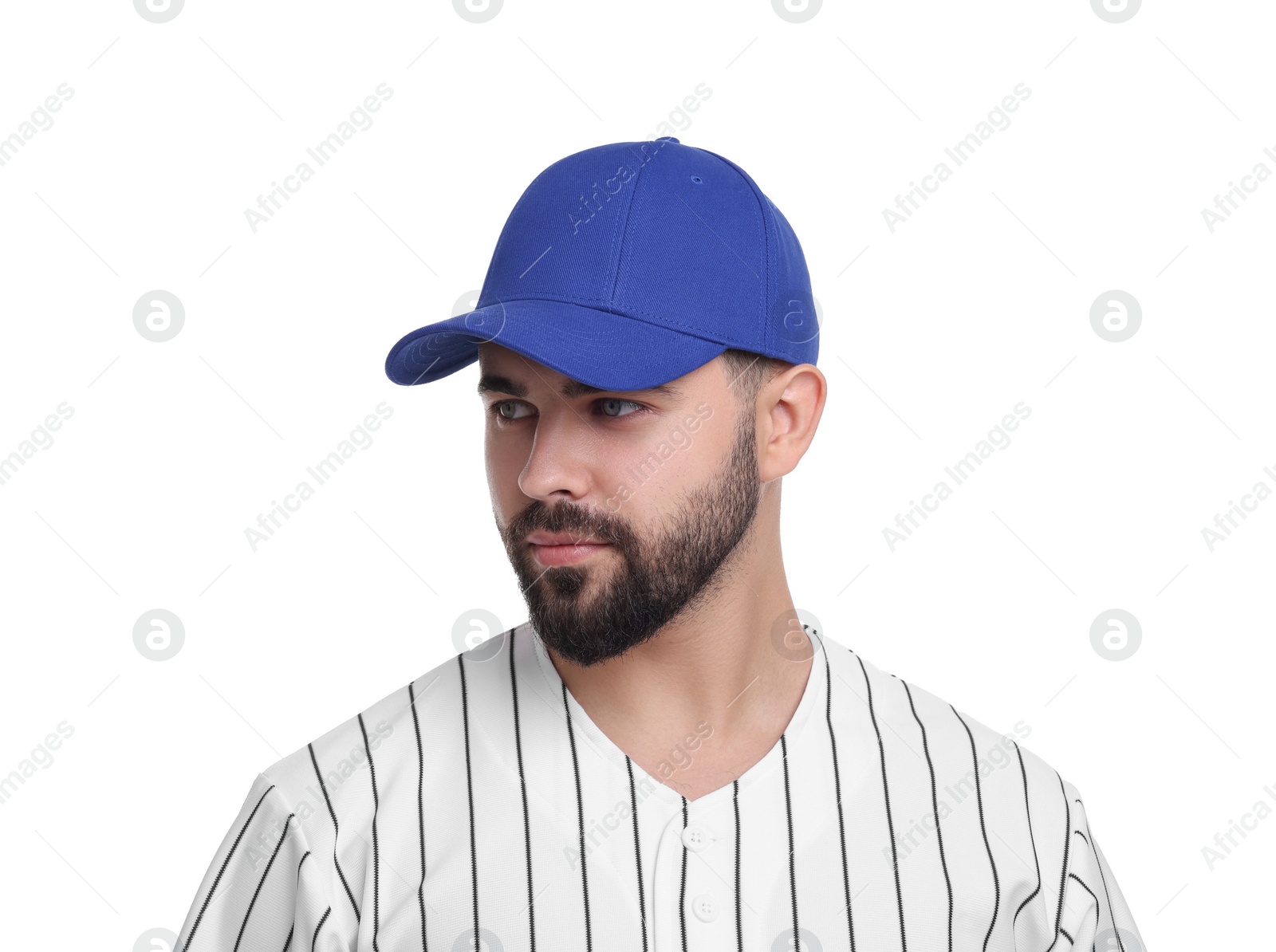 Photo of Man in stylish blue baseball cap on white background