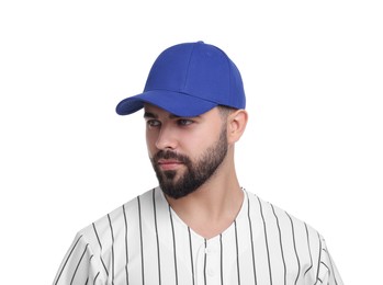 Photo of Man in stylish blue baseball cap on white background