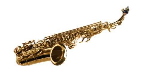 Photo of Beautiful saxophone isolated on white. Musical instrument