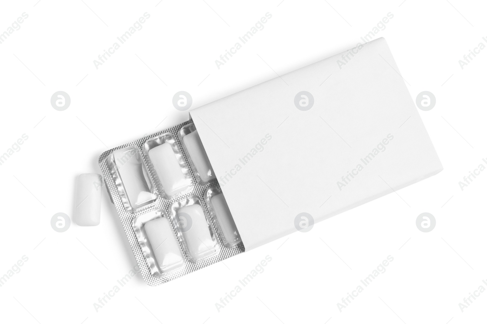 Photo of Pack with chewing gums isolated on white, top view