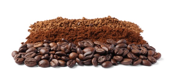 Beans, instant and ground coffee on white background