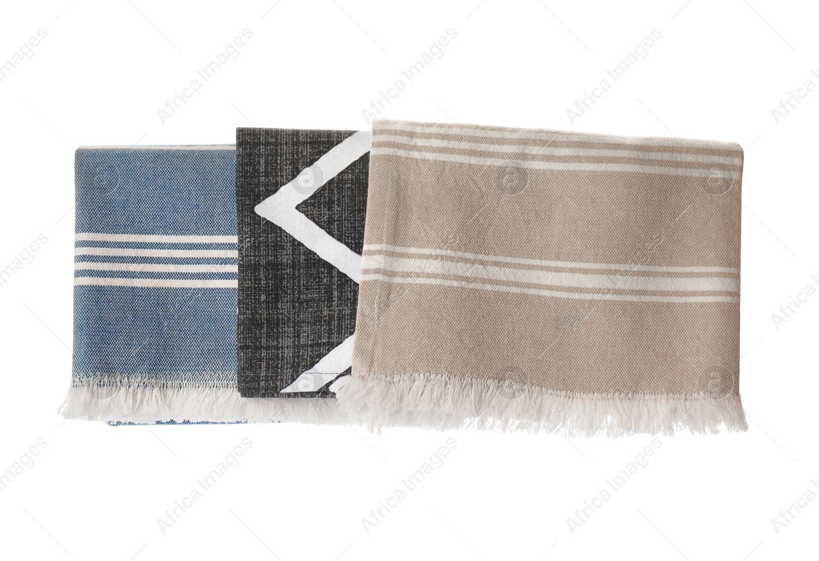 Photo of Kitchen towels with different patterns hanging on white background