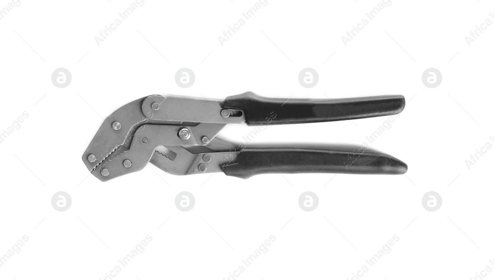 Photo of New water pump pliers on white background, top view. Construction tools