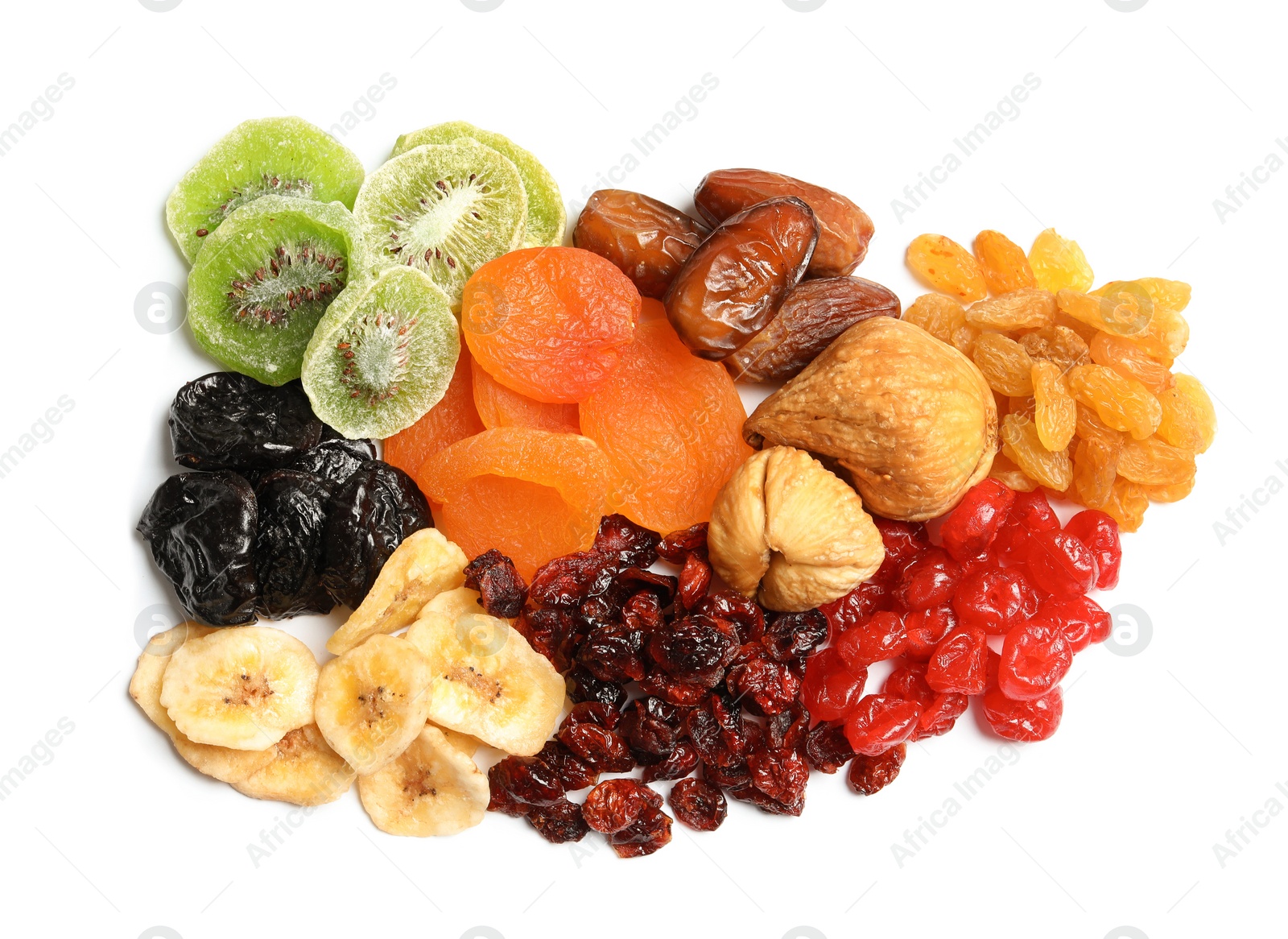 Photo of Different dried fruits on white background, top view. Healthy lifestyle