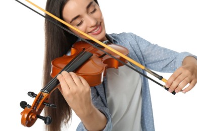 Photo of Beautiful woman playing violin on white background, focus on hand