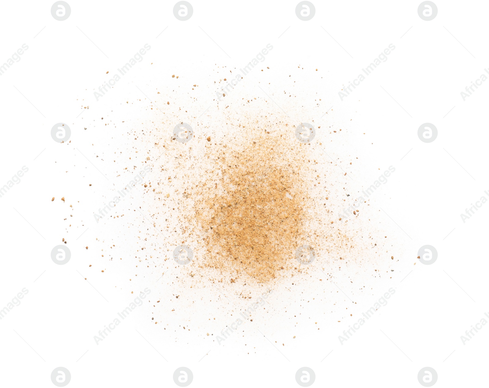 Photo of Pile of brown dust scattered on white background, top view