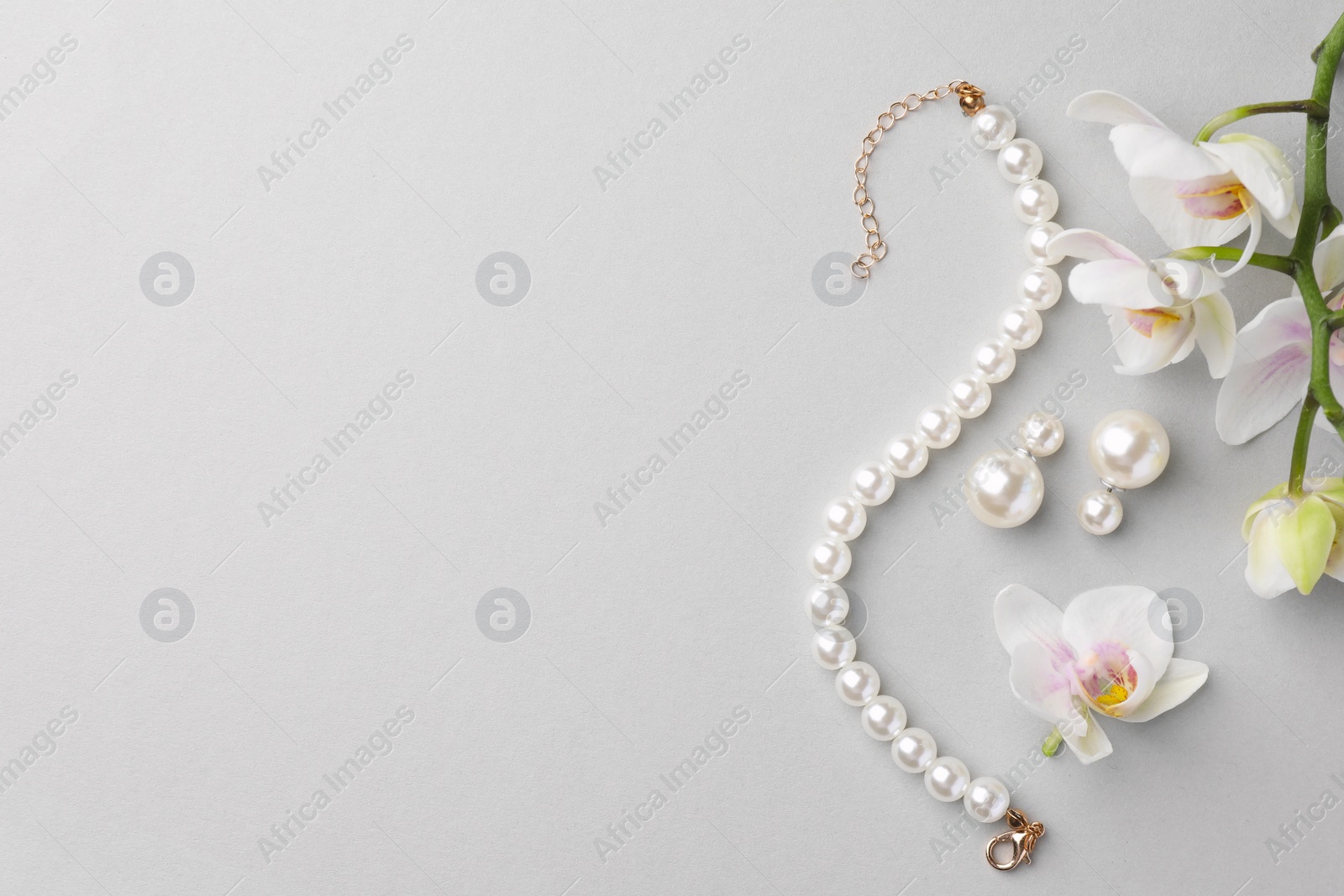 Photo of Elegant pearl earrings, bracelet and orchid flowers on white background, flat lay. Space for text