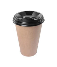 Photo of Paper cup with plastic lid isolated on white. Coffee to go