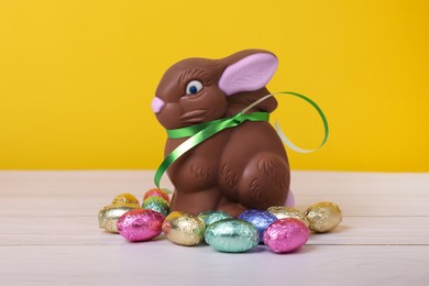 Photo of Chocolate Easter bunny and eggs on white wooden table against yellow background, closeup