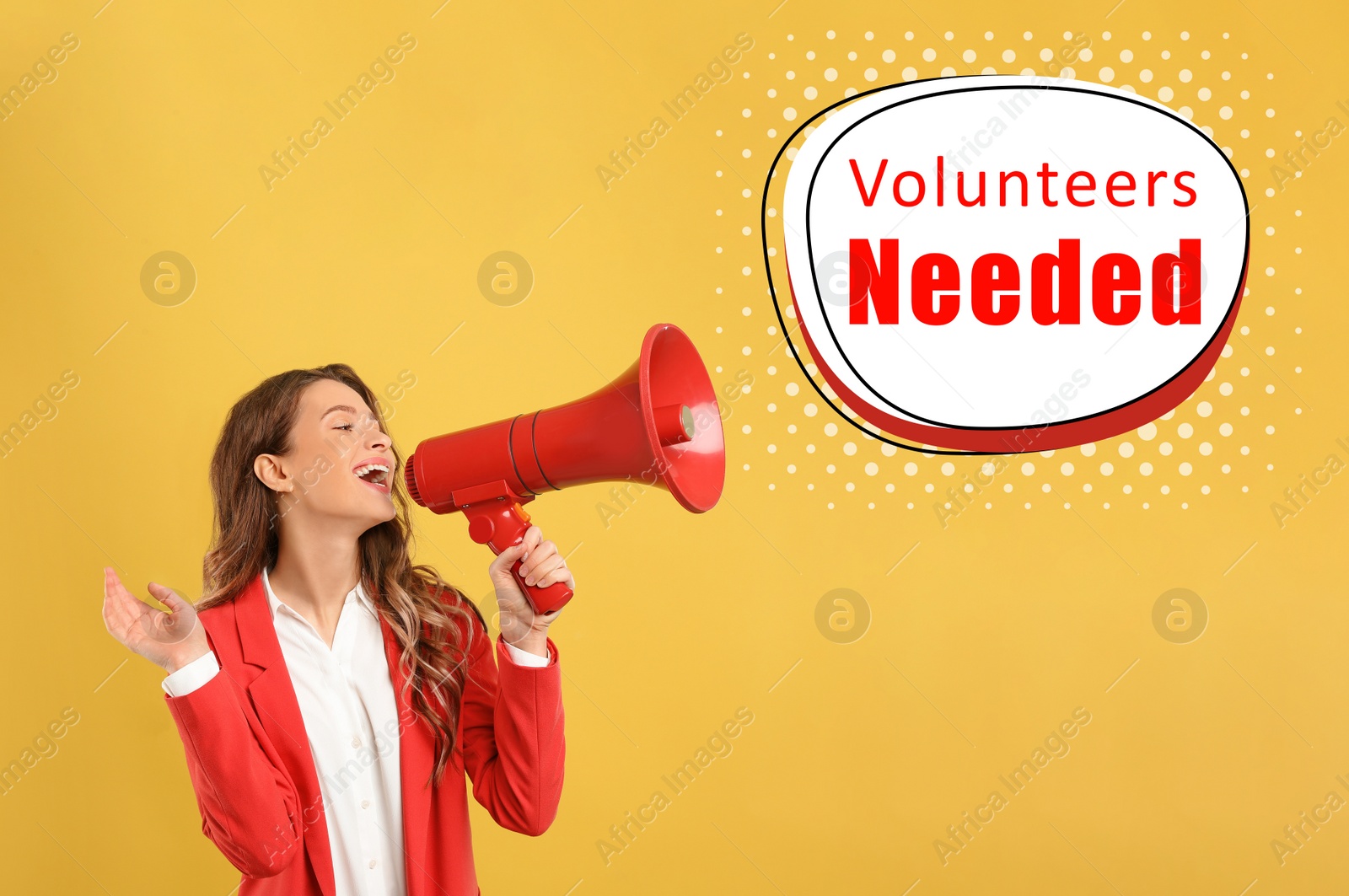 Image of Young woman with megaphone and text VOLUNTEERS NEEDED on yellow background