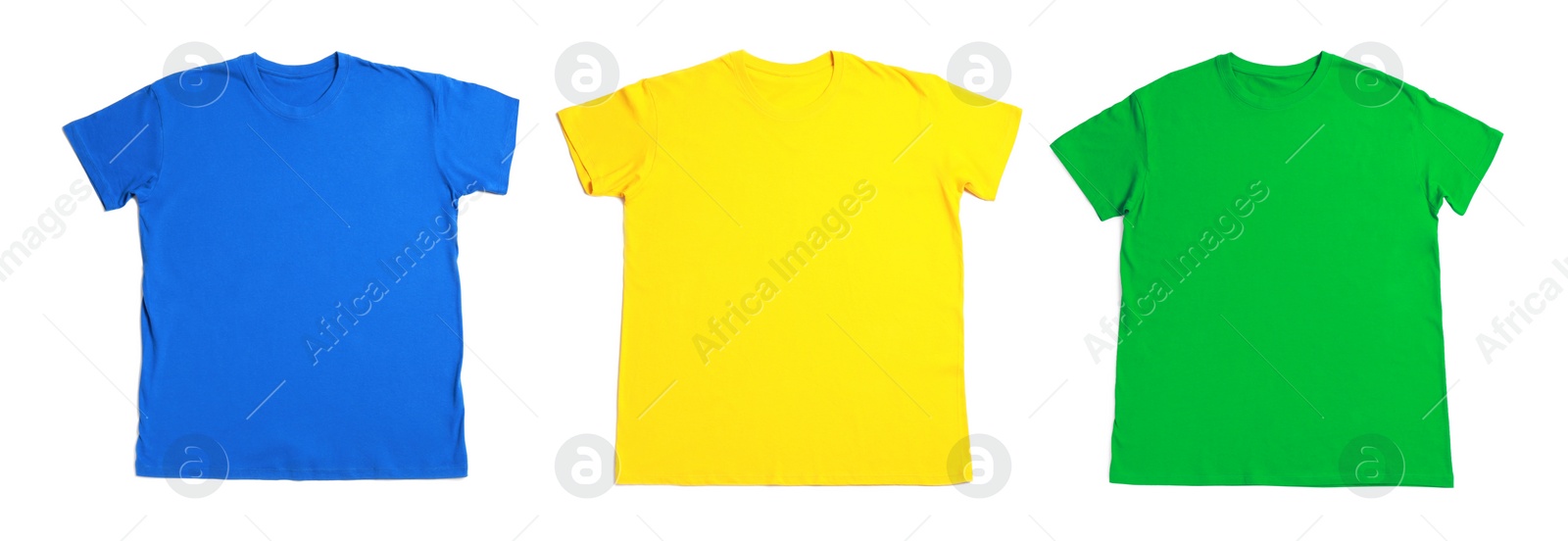 Image of T-shirts of different colors isolated on white. Space for design