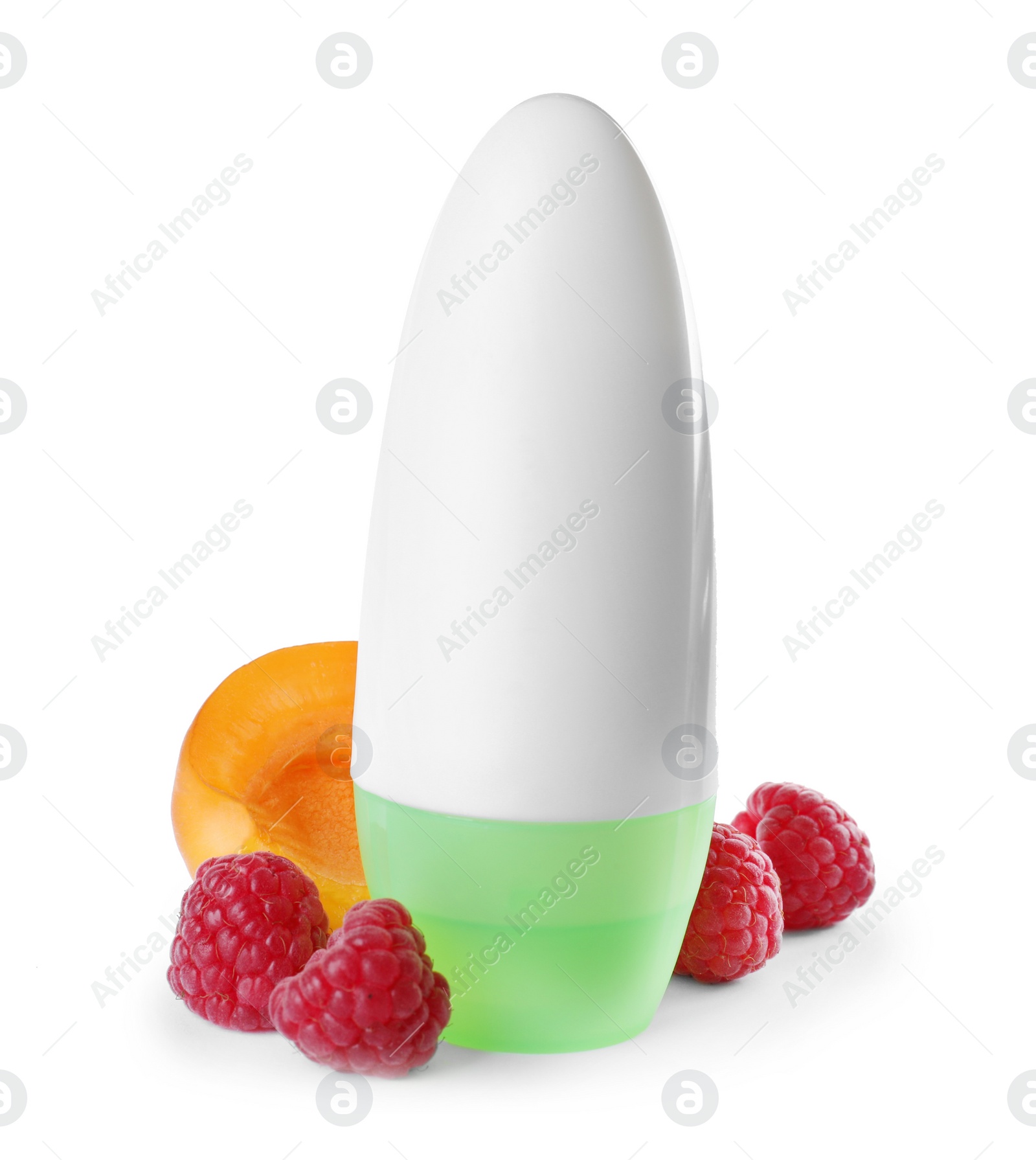 Photo of Natural female roll-on deodorant with fruits on white background