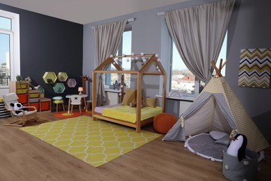 Photo of Stylish child room interior with comfortable house bed and play tent