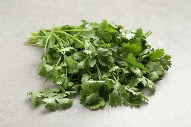 Bunch of fresh green cilantro on light grey table, closeup
