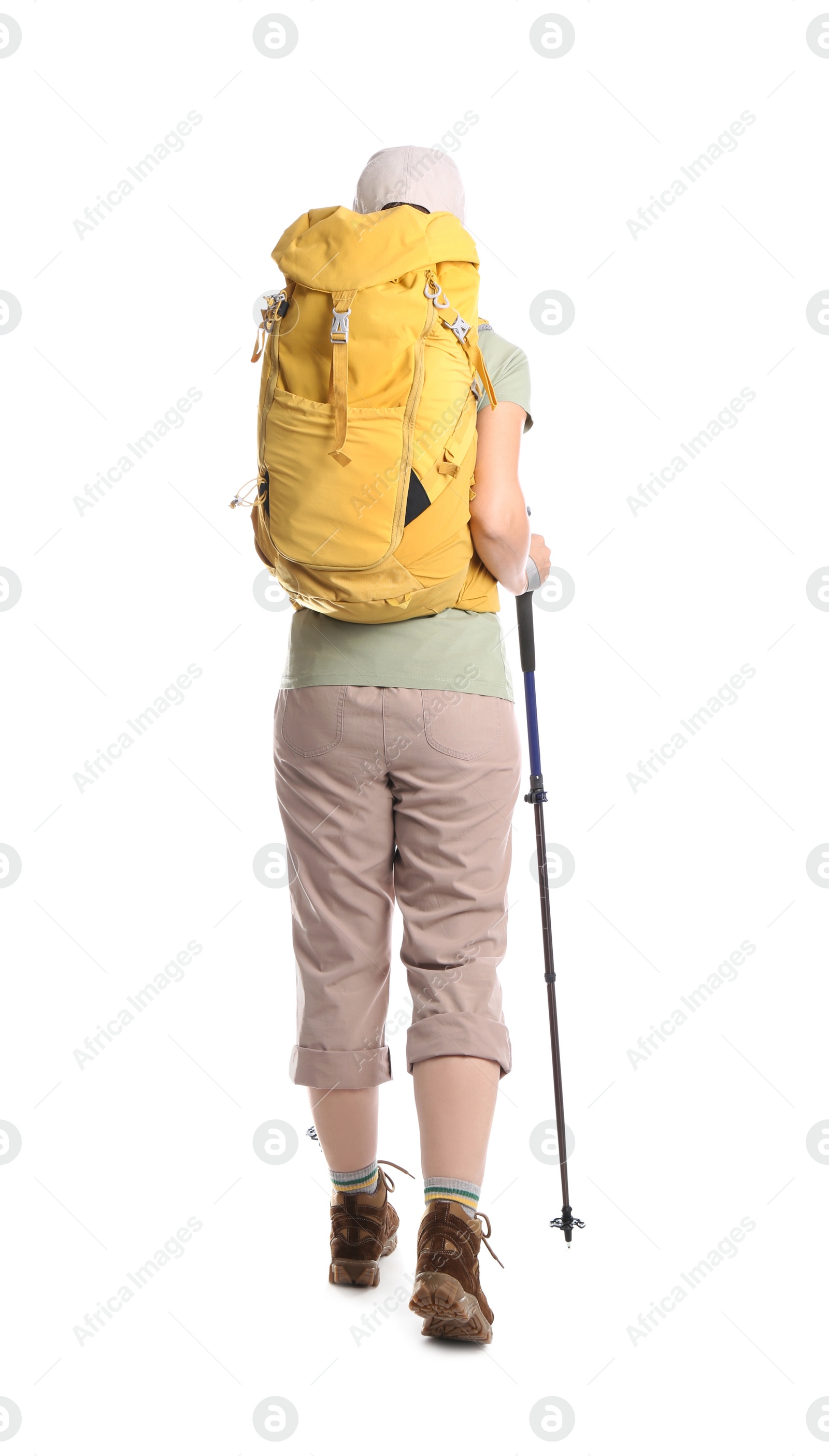 Photo of Female hiker with backpack and trekking poles on white background, back view