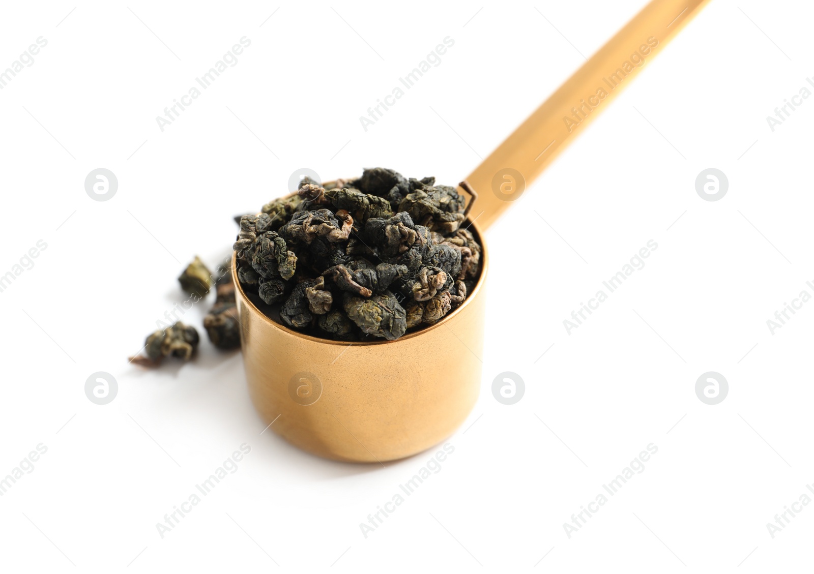 Photo of Scoop with Tie Guan Yin Oolong tea on white background