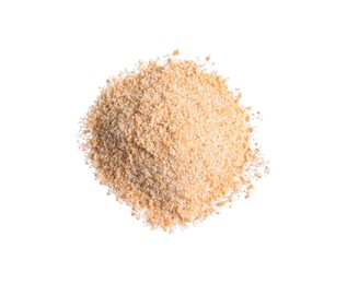 Photo of Pile of fresh bread crumbs isolated on white, top view