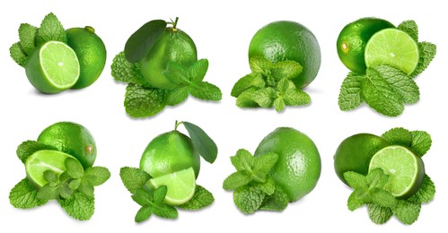 Image of Fresh ripe limes and green mint leaves isolated on white, set