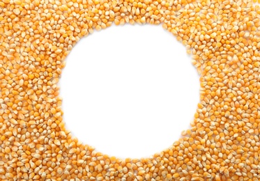 Raw corn kernels on white background. Healthy grains and cereals