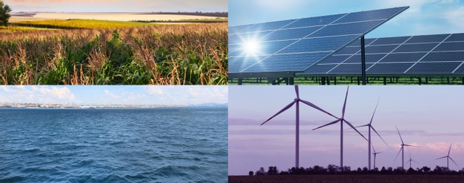 Image of Collage with photos of water, field, solar panels and wind turbines, banner design. Alternative energy source