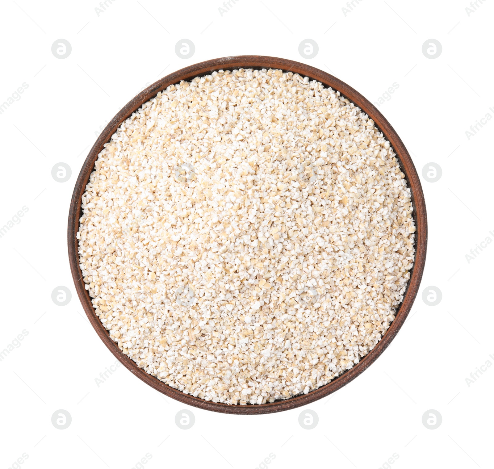 Photo of Dry barley groats in bowl isolated on white, top view