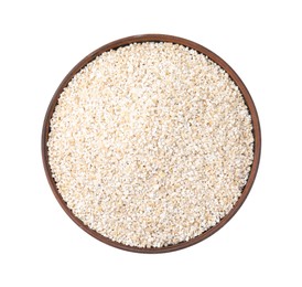 Photo of Dry barley groats in bowl isolated on white, top view