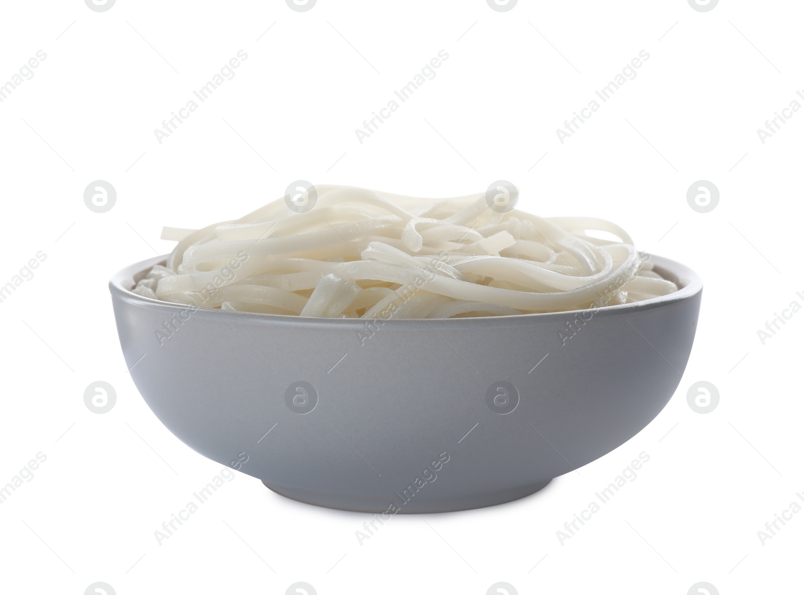 Photo of Bowl of tasty cooked rice noodles isolated on white