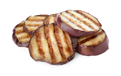 Photo of Delicious grilled eggplant slices on white background