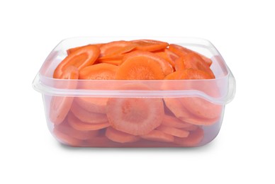 Photo of Fresh sliced carrots in plastic container isolated on white