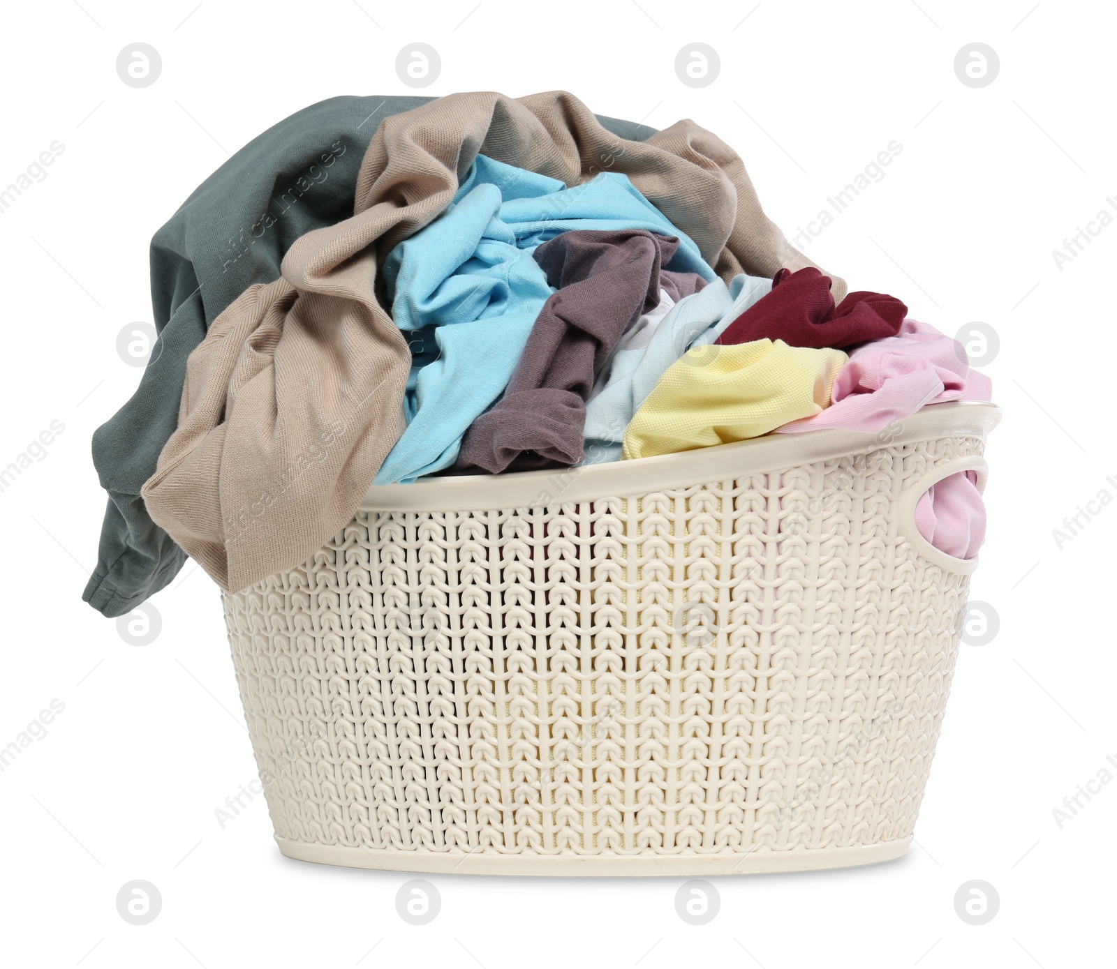 Photo of Laundry basket with clean colorful clothes isolated on white