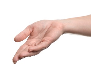 Woman holding something in hand on white background, closeup