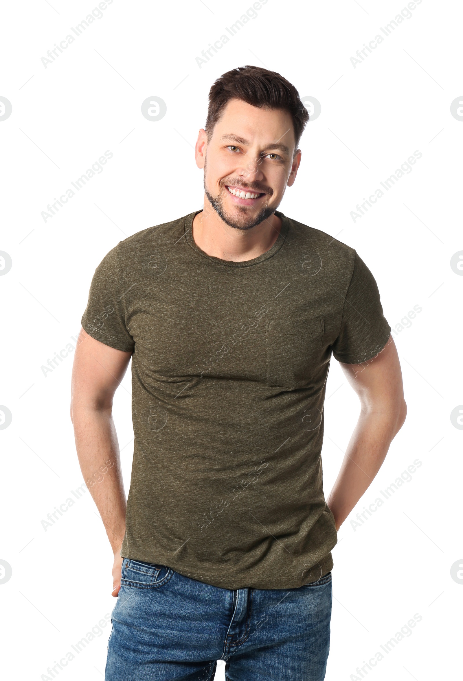 Photo of Portrait of handsome man posing on white background