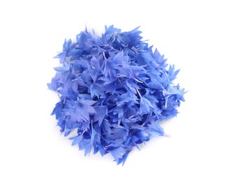 Photo of Heap of beautiful cornflower petals isolated on white, top view