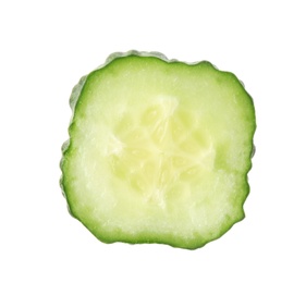 Photo of Slice of fresh cucumber on white background